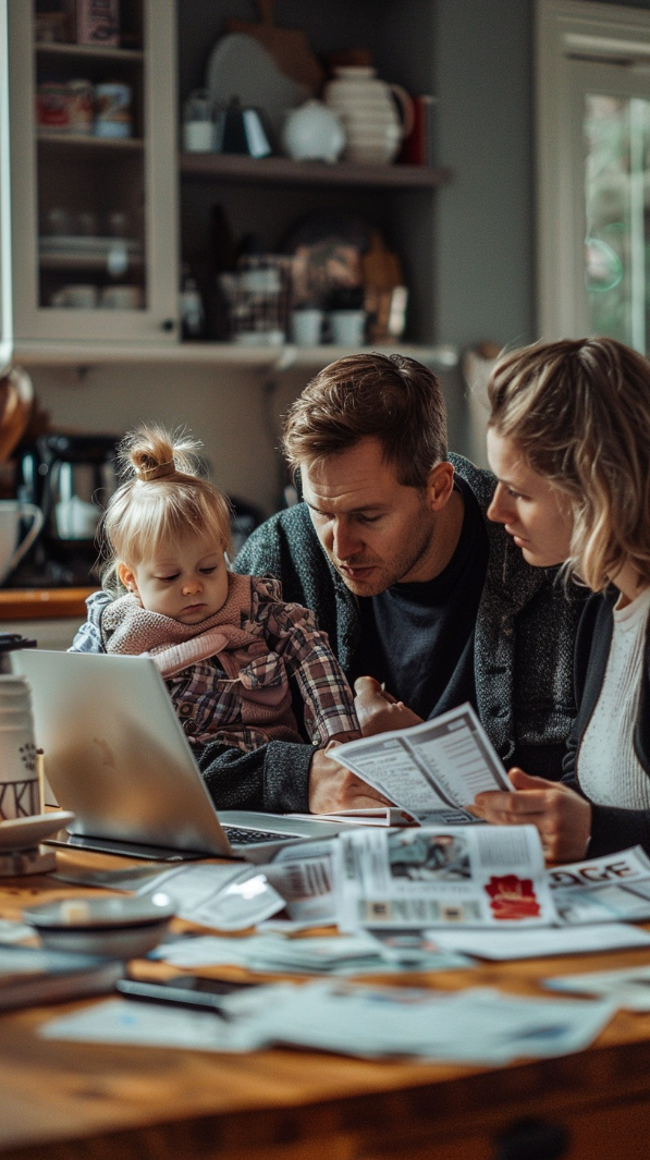 man and woman looking at a laptop with a baby